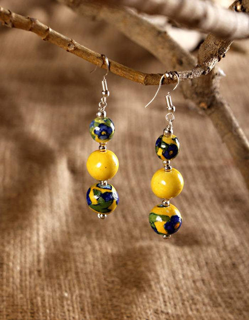 Blue Pottery 3 Bead Earrings (Yellow)